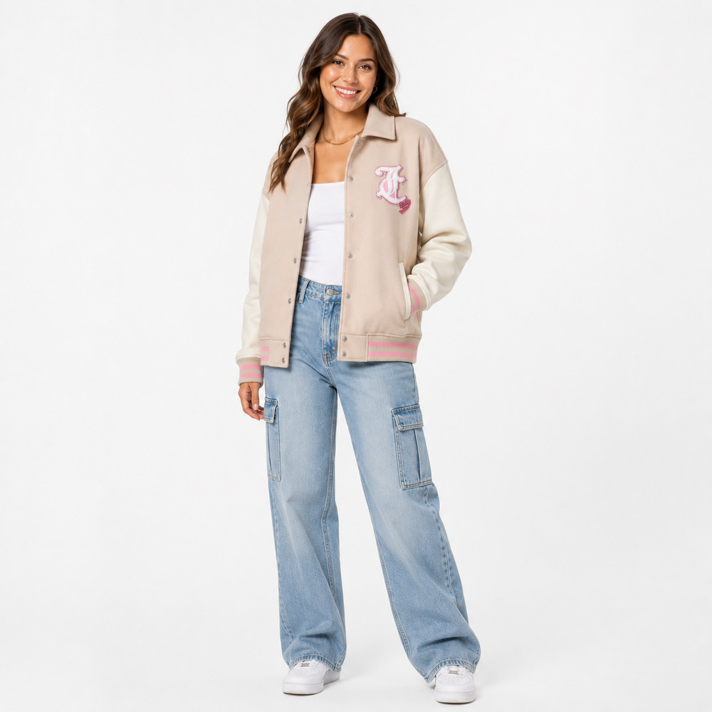 Juicy Couture Women’s Large Beige White Varsity Jacket Pink Logo Preppy Y2K